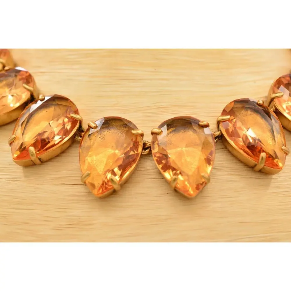 J.Crew Vintage Orange Crystal Teardrop Gold Statement Necklace Chunky Heavy BinY